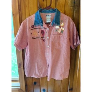 Vintage Haiks Red Gingham Ladybug Embroidered Denim Collar Size‎ 1X